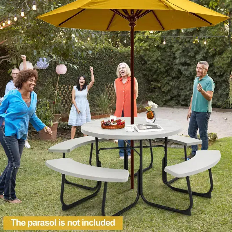 Costway Table de pique-nique ronde d'extérieur 8 places avec 4 bancs et trou pour parasol Noir/Gris/Vert/Blanc
