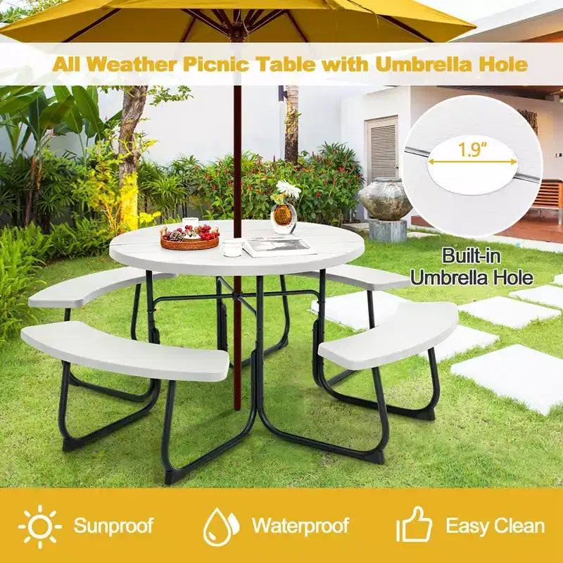 Costway Table de pique-nique ronde d'extérieur 8 places avec 4 bancs et trou pour parasol Noir/Gris/Vert/Blanc