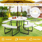 Costway Table de pique-nique ronde d'extérieur 8 places avec 4 bancs et trou pour parasol Noir/Gris/Vert/Blanc