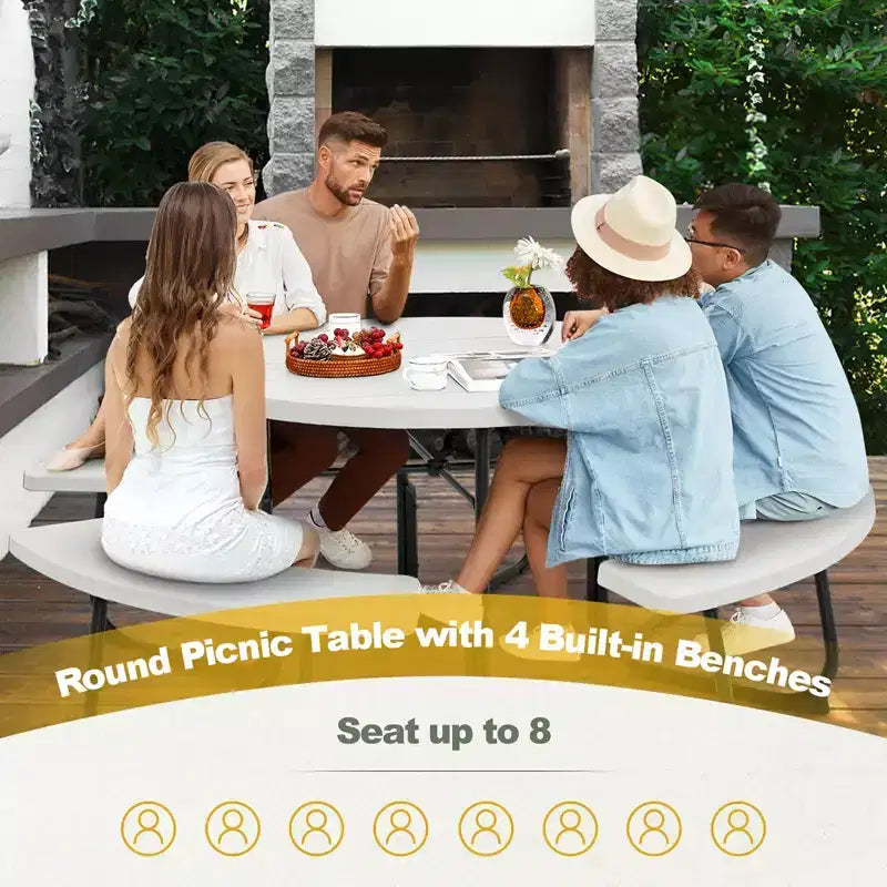 Costway Table de pique-nique ronde d'extérieur 8 places avec 4 bancs et trou pour parasol Noir/Gris/Vert/Blanc