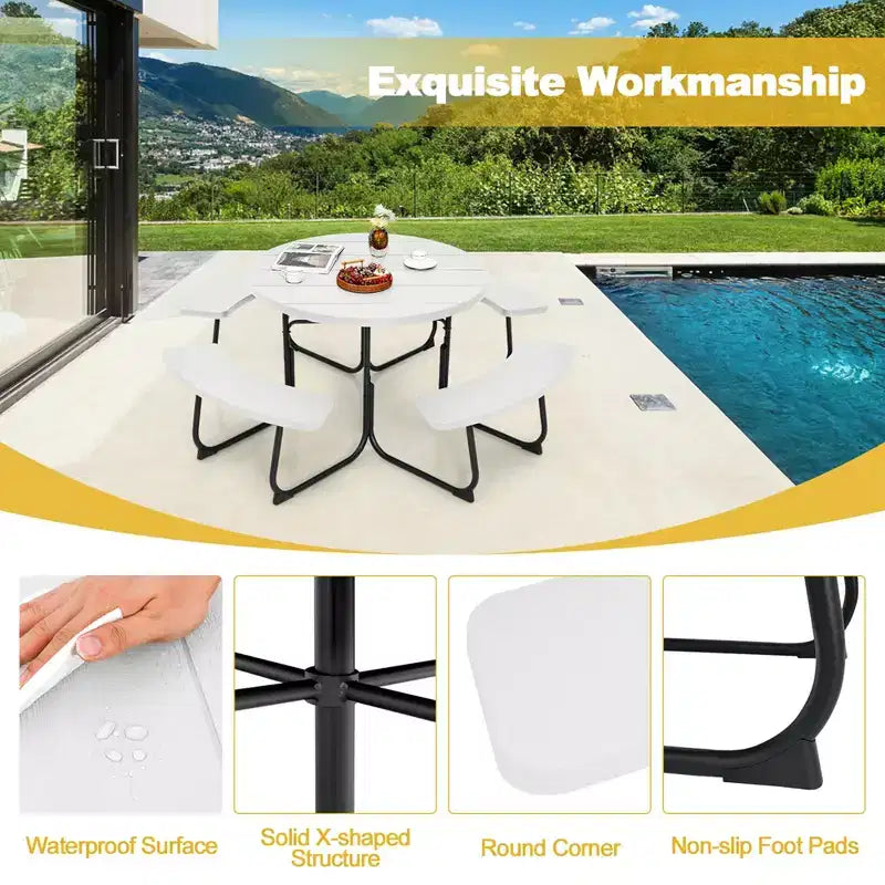 Costway Table de pique-nique ronde d'extérieur 8 places avec 4 bancs et trou pour parasol Noir/Gris/Vert/Blanc