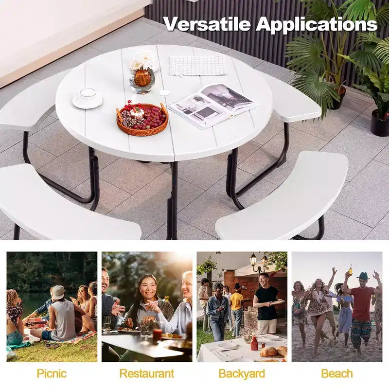 Costway Table de pique-nique ronde d'extérieur 8 places avec 4 bancs et trou pour parasol Noir/Gris/Vert/Blanc