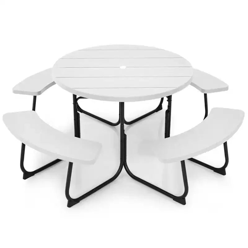 Costway Table de pique-nique ronde d'extérieur 8 places avec 4 bancs et trou pour parasol Noir/Gris/Vert/Blanc