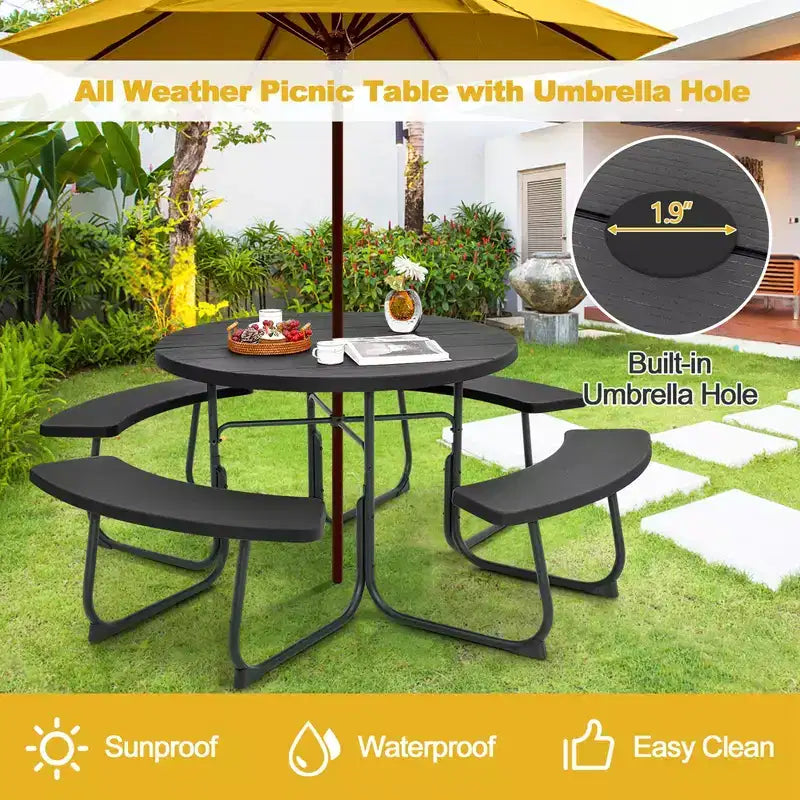 Costway Table de pique-nique ronde d'extérieur 8 places avec 4 bancs et trou pour parasol Noir/Gris/Vert/Blanc