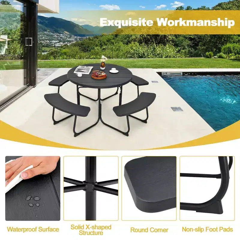 Costway Table de pique-nique ronde d'extérieur 8 places avec 4 bancs et trou pour parasol Noir/Gris/Vert/Blanc