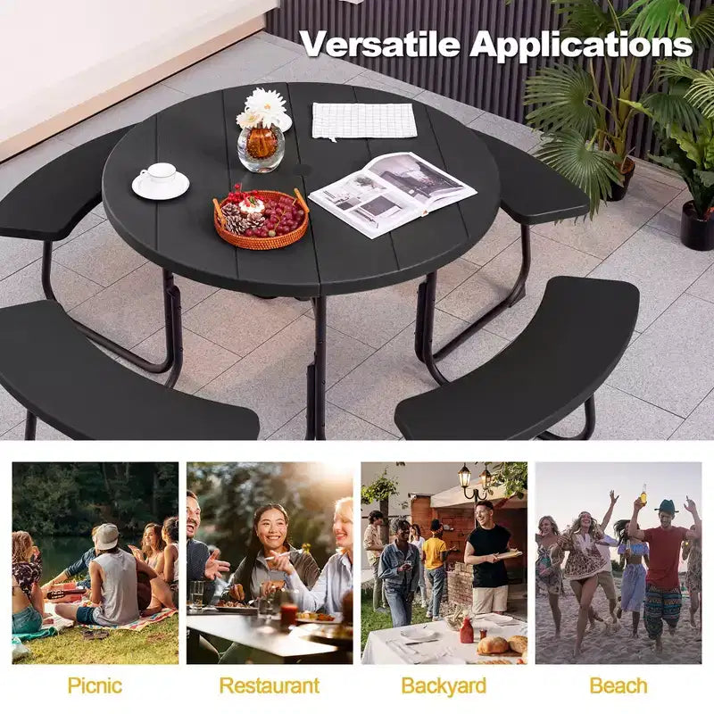 Costway Table de pique-nique ronde d'extérieur 8 places avec 4 bancs et trou pour parasol Noir/Gris/Vert/Blanc