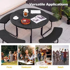 Costway Table de pique-nique ronde d'extérieur 8 places avec 4 bancs et trou pour parasol Noir/Gris/Vert/Blanc