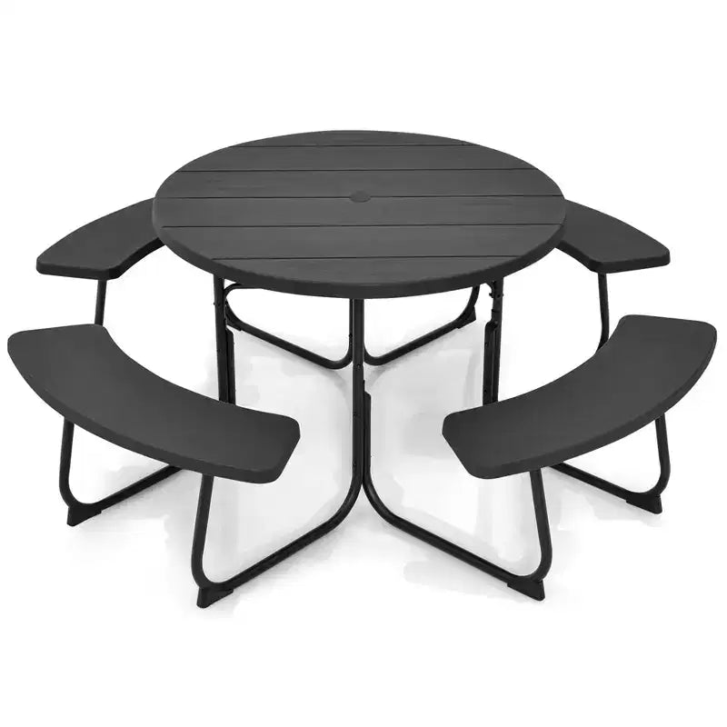 Costway Table de pique-nique ronde d'extérieur 8 places avec 4 bancs et trou pour parasol Noir/Gris/Vert/Blanc