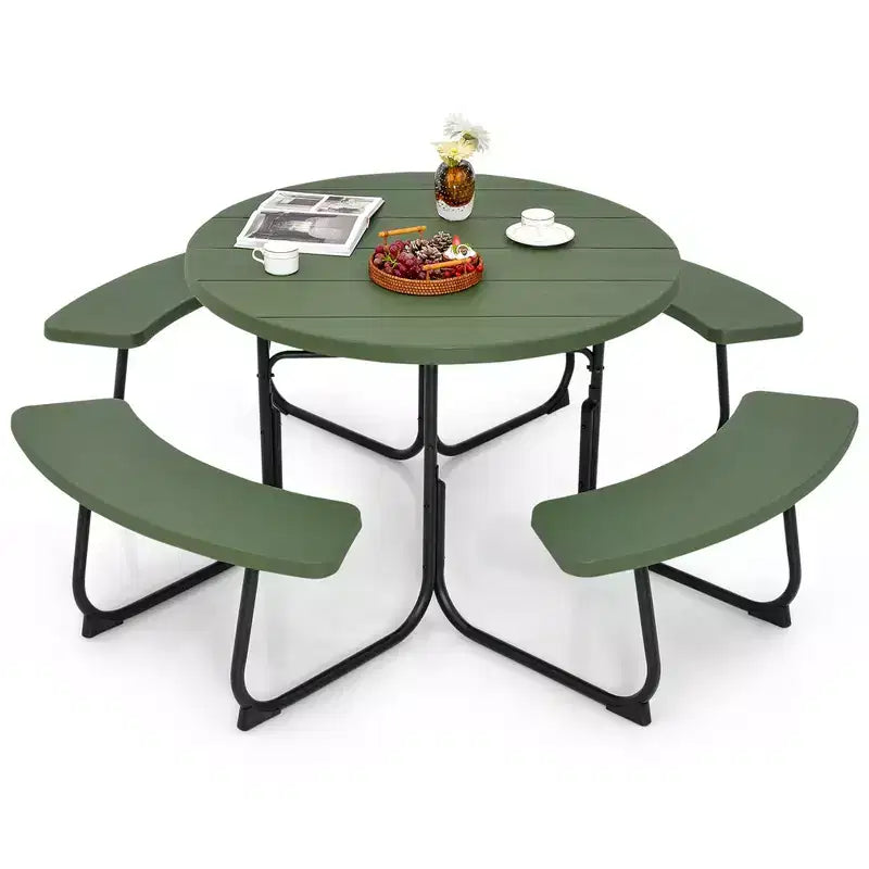 Costway Table de pique-nique ronde d'extérieur 8 places avec 4 bancs et trou pour parasol Noir/Gris/Vert/Blanc