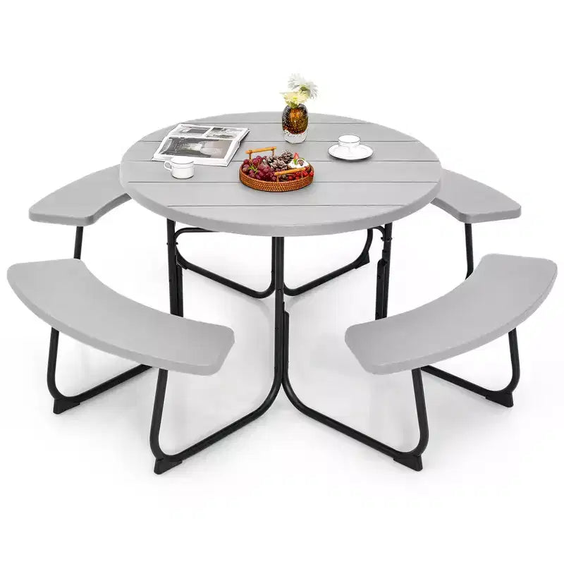 Costway Table de pique-nique ronde d'extérieur 8 places avec 4 bancs et trou pour parasol Noir/Gris/Vert/Blanc