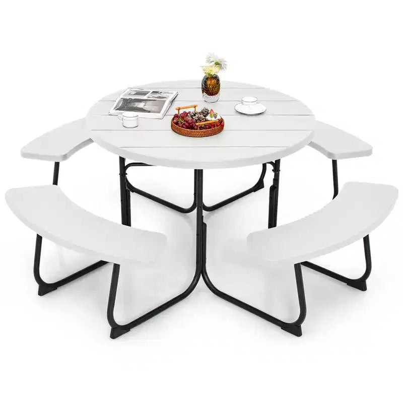 Costway Table de pique-nique ronde d'extérieur 8 places avec 4 bancs et trou pour parasol Noir/Gris/Vert/Blanc