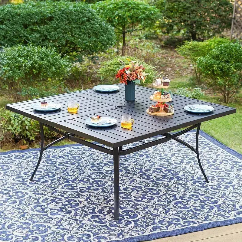 Captiva Designs set da pranzo da esterno, 9 pezzi, tavolo quadrato spazioso con piano a doghe in metallo e foro per ombrellone e 8 sedie reclinabili pieghevoli