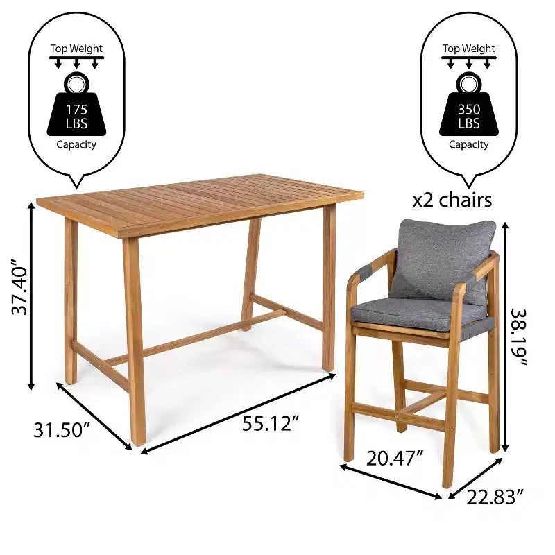 Set da bar da esterno JONATHAN Y Porto Modern Coastal a 3 pezzi in legno di acacia con cuscini