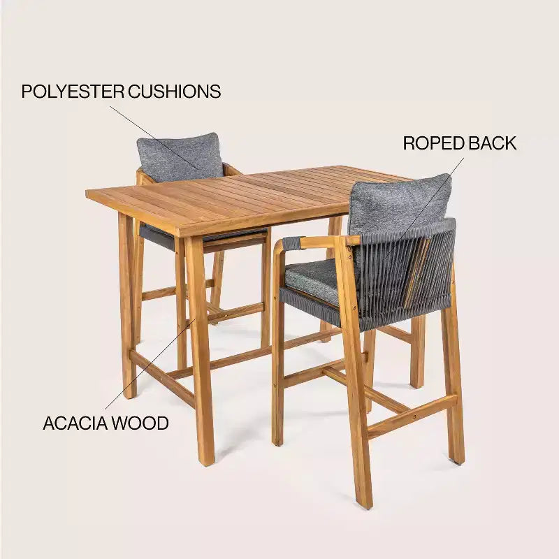 Set da bar da esterno JONATHAN Y Porto Modern Coastal a 3 pezzi in legno di acacia con cuscini