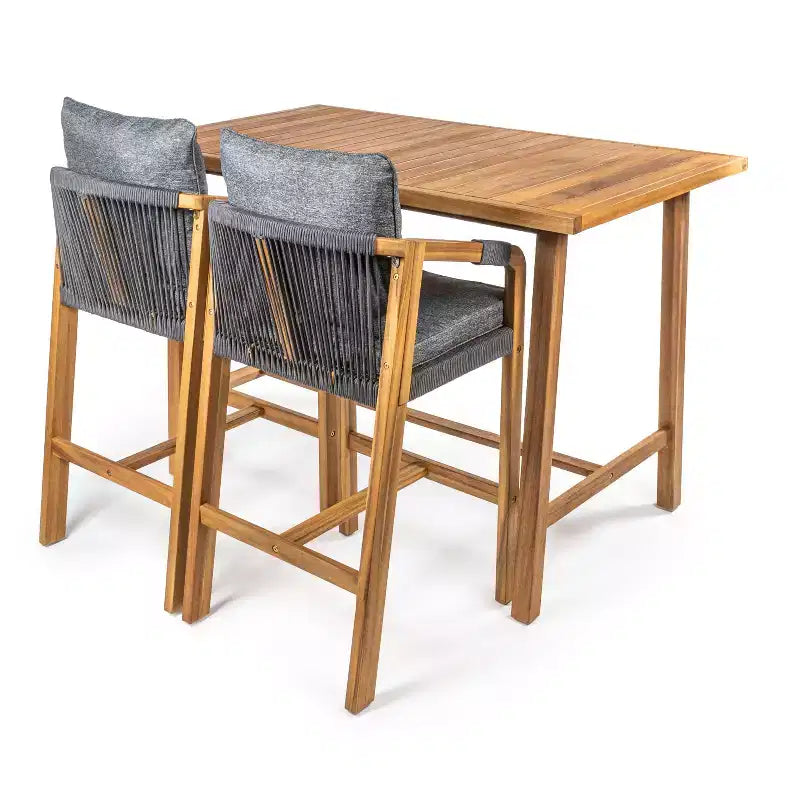 Set da bar da esterno JONATHAN Y Porto Modern Coastal a 3 pezzi in legno di acacia con cuscini