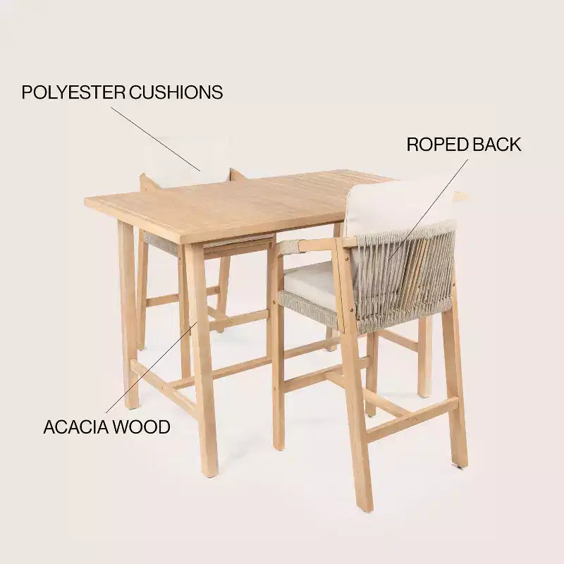 Set da bar da esterno JONATHAN Y Porto Modern Coastal a 3 pezzi in legno di acacia con cuscini
