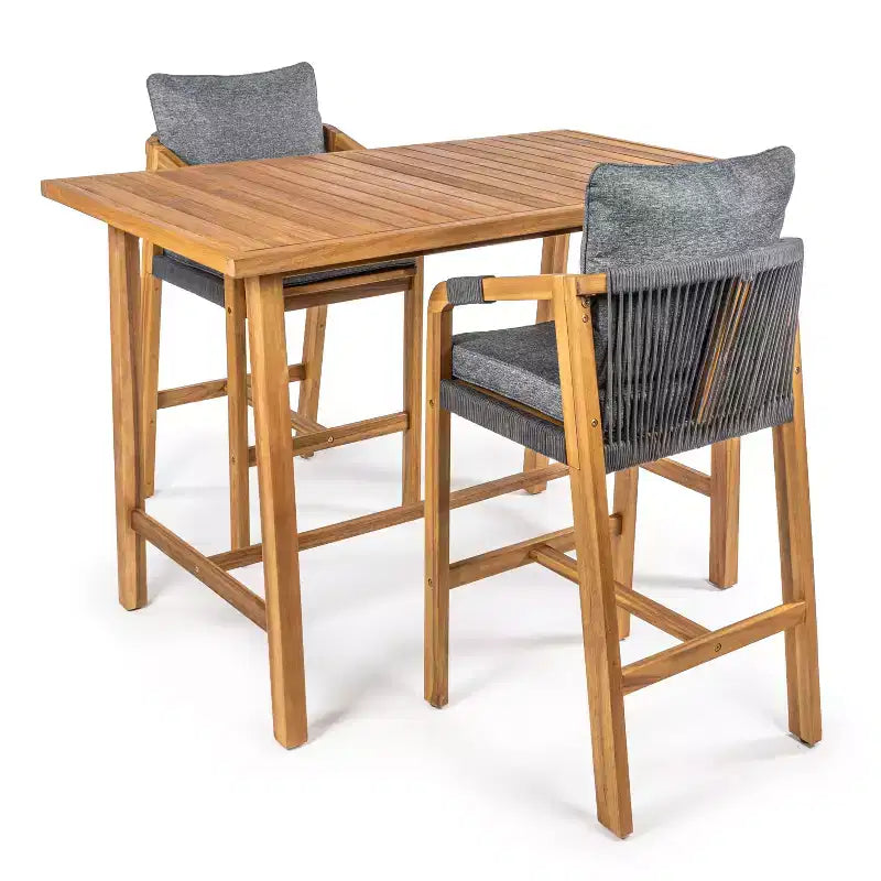 Set da bar da esterno JONATHAN Y Porto Modern Coastal a 3 pezzi in legno di acacia con cuscini
