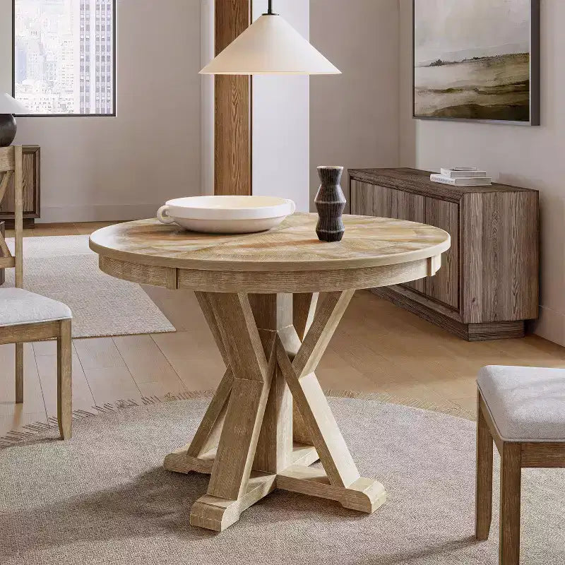 Tavolo da pranzo rotondo con base a croce in legno massello naturale in stile rustico per 4 persone