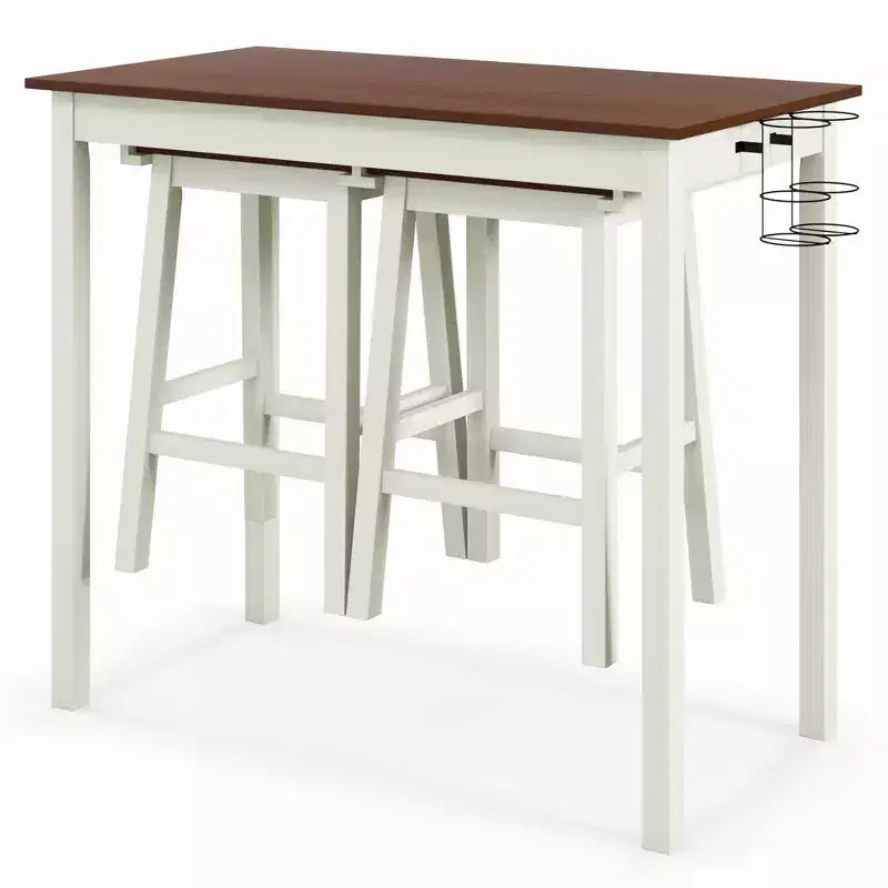 Set tavolo da bar ad altezza bancone Costway 3 pezzi con 2 sgabelli, 2 portabottiglie Bianco e Noce