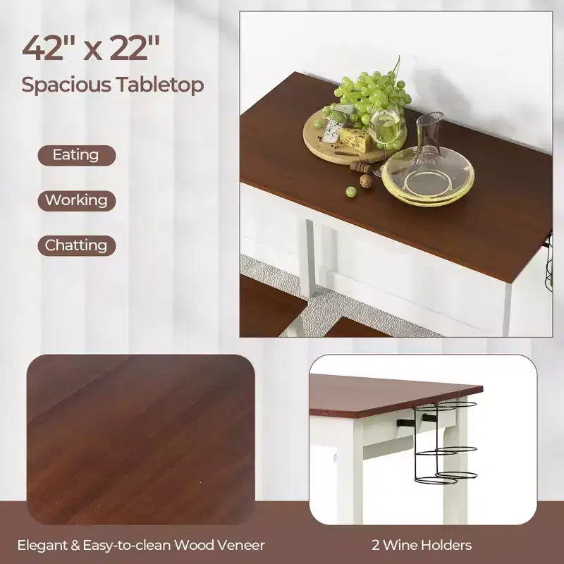 Set tavolo da bar ad altezza bancone Costway 3 pezzi con 2 sgabelli, 2 portabottiglie Bianco e Noce