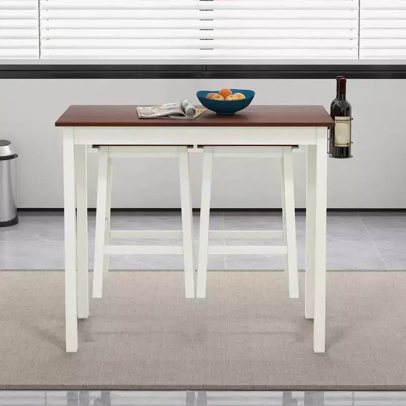 Set tavolo da bar ad altezza bancone Costway 3 pezzi con 2 sgabelli, 2 portabottiglie Bianco e Noce