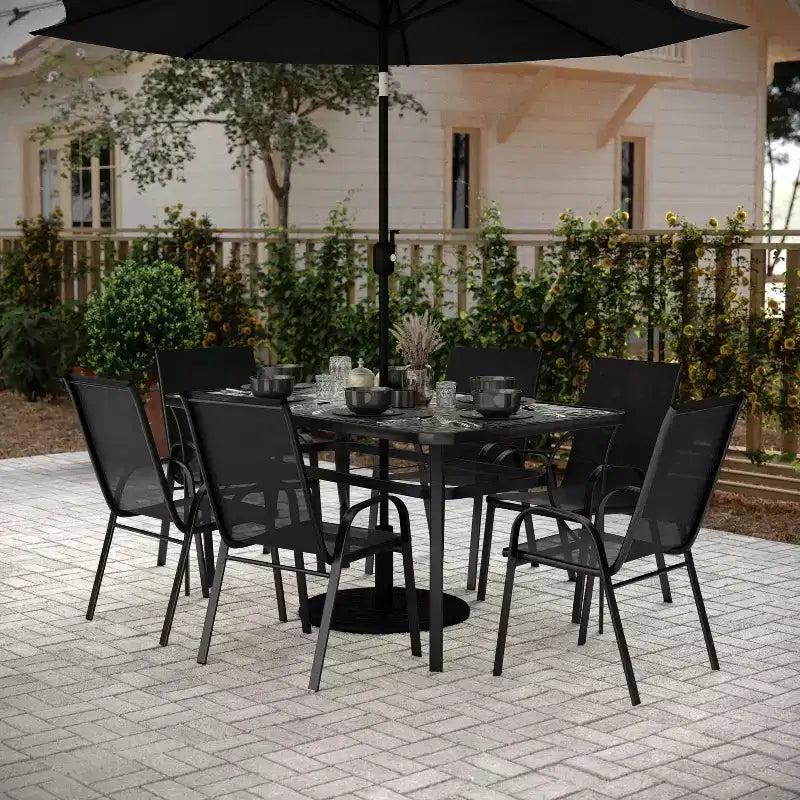 Set da pranzo da esterno Flash Furniture Brazos da 7 pezzi di livello commerciale con tavolo da esterno in vetro temperato e 6 sedie con sedili e schienali in materiale Flex Comfort