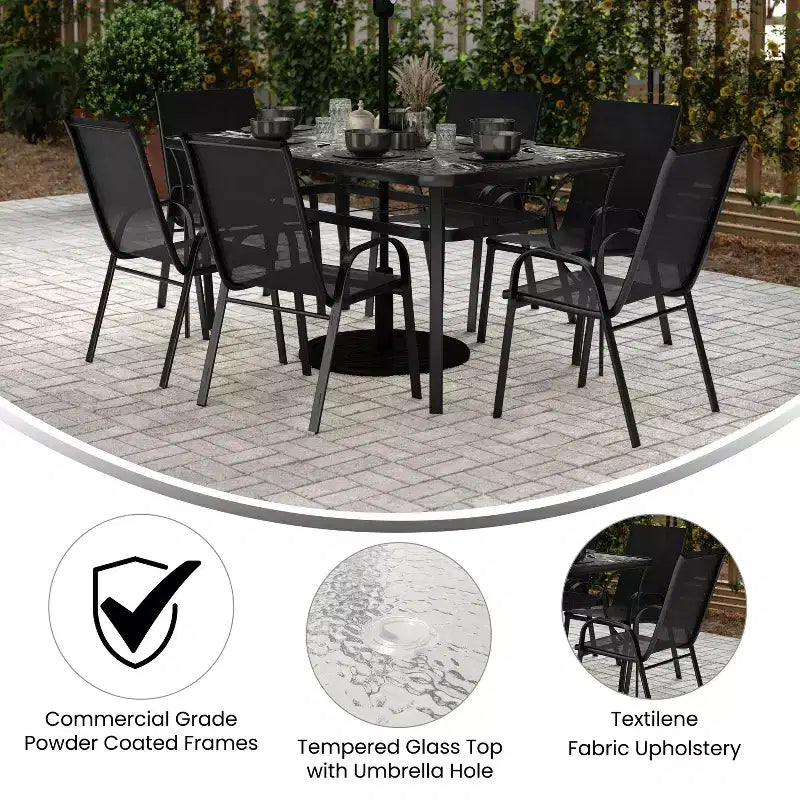 Set da pranzo da esterno Flash Furniture Brazos da 7 pezzi di livello commerciale con tavolo da esterno in vetro temperato e 6 sedie con sedili e schienali in materiale Flex Comfort