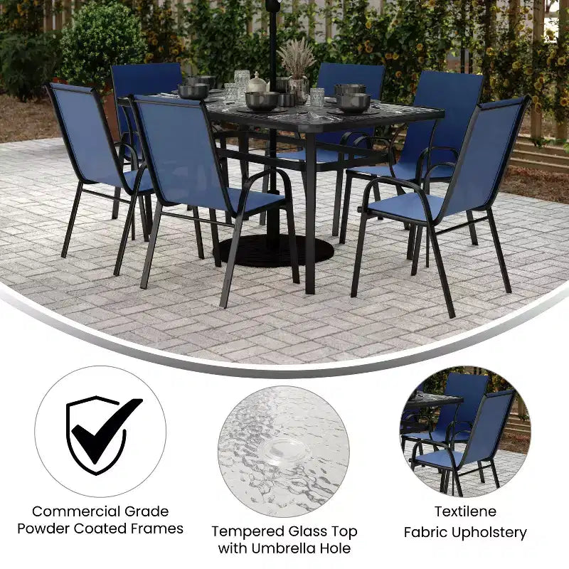 Set da pranzo da esterno Flash Furniture Brazos da 7 pezzi di livello commerciale con tavolo da esterno in vetro temperato e 6 sedie con sedili e schienali in materiale Flex Comfort