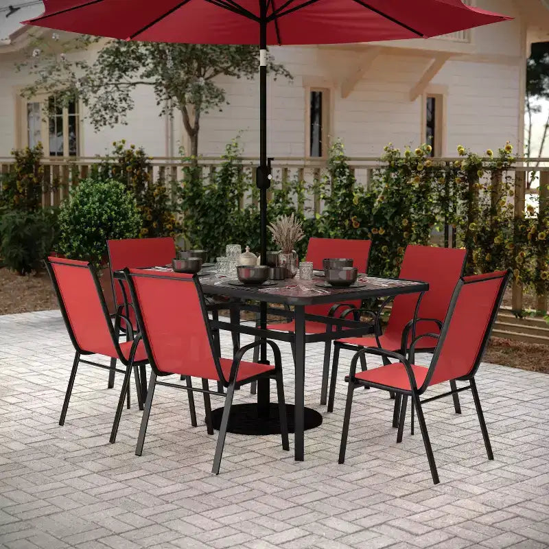 Set da pranzo da esterno Flash Furniture Brazos da 7 pezzi di livello commerciale con tavolo da esterno in vetro temperato e 6 sedie con sedili e schienali in materiale Flex Comfort