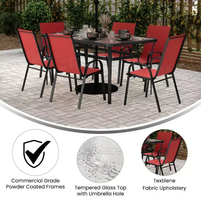 Set da pranzo da esterno Flash Furniture Brazos da 7 pezzi di livello commerciale con tavolo da esterno in vetro temperato e 6 sedie con sedili e schienali in materiale Flex Comfort