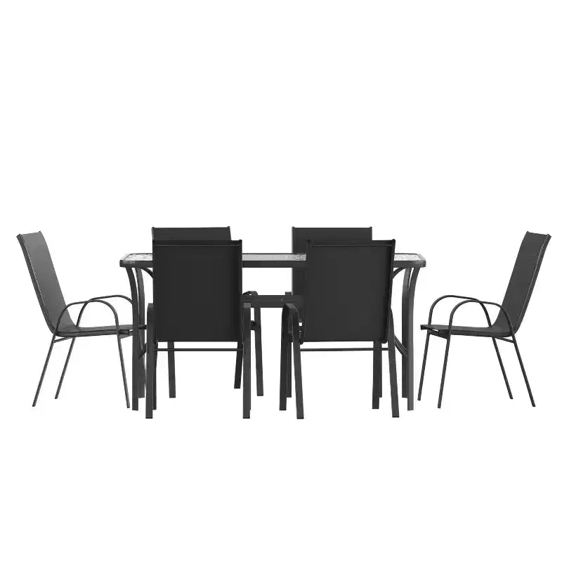 Set da pranzo da esterno Flash Furniture Brazos da 7 pezzi di livello commerciale con tavolo da esterno in vetro temperato e 6 sedie con sedili e schienali in materiale Flex Comfort