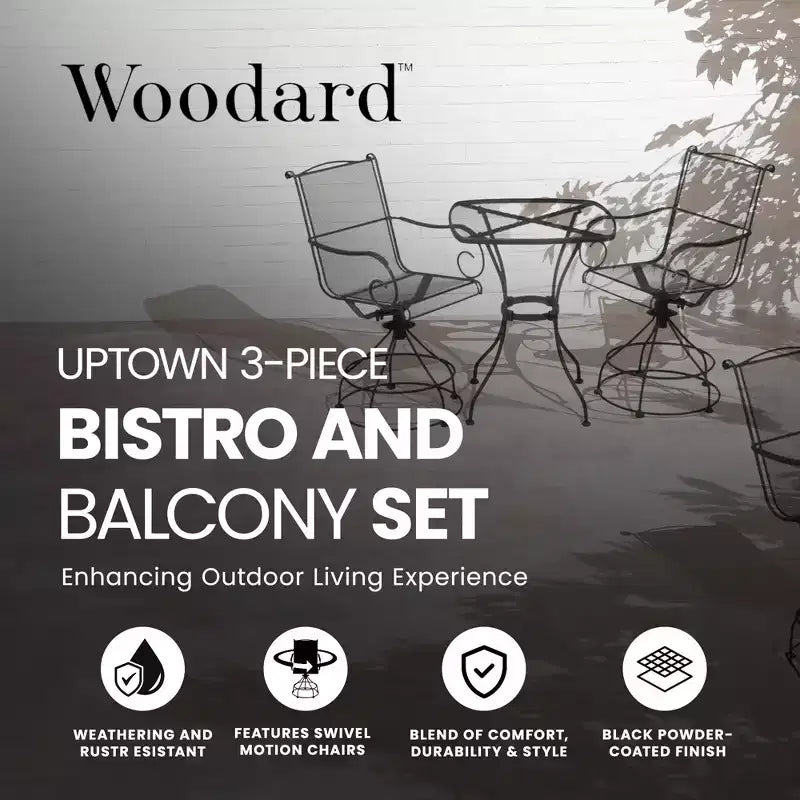 Set da balcone e bistrò Woodard Uptown a 3 pezzi in acciaio con sedie girevoli, tavolo, capacità di carico di 113 kg e finitura verniciata a polvere, nero