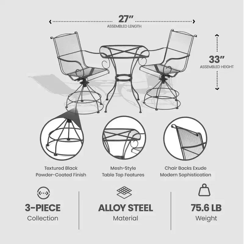 Set da balcone e bistrò Woodard Uptown a 3 pezzi in acciaio con sedie girevoli, tavolo, capacità di carico di 113 kg e finitura verniciata a polvere, nero