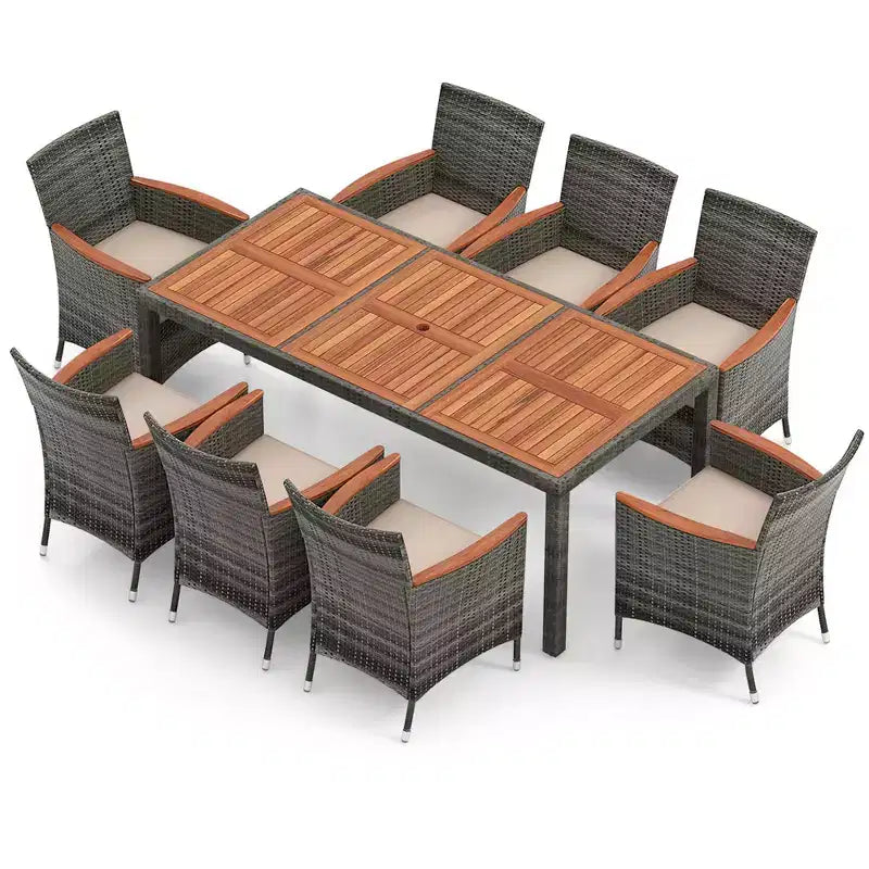 Set da pranzo da esterno in vimini a 9 pezzi Costway con tavolo in legno di acacia e 8 poltrone