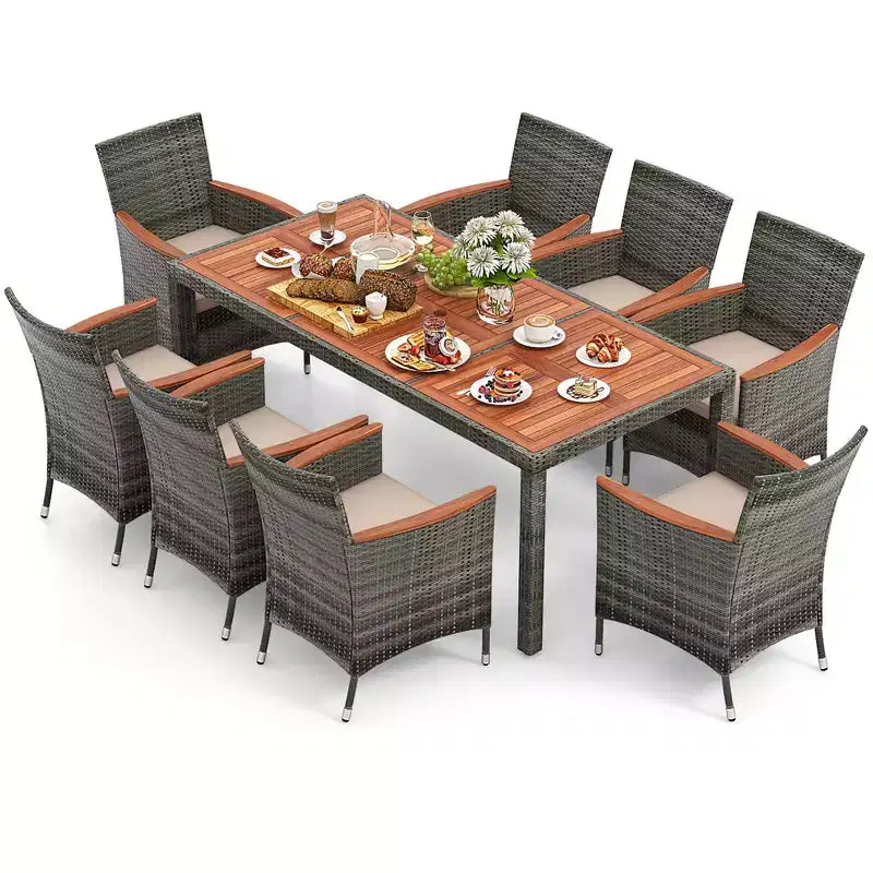 Set da pranzo da esterno in vimini a 9 pezzi Costway con tavolo in legno di acacia e 8 poltrone