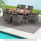 Costway Set da Pranzo da Esterno in Rattan 7 Pezzi con Tavolo in Legno di Acacia e 6 Poltrone