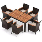 Costway Set da Pranzo da Esterno 7 Pezzi in Vimini con Tavolo in Legno di Acacia e 6 Sedie Impilabili