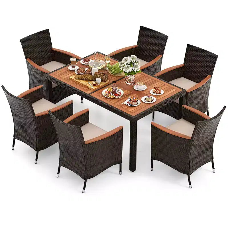 Costway Set da Pranzo da Esterno 7 Pezzi in Vimini con Tavolo in Legno di Acacia e 6 Sedie Impilabili