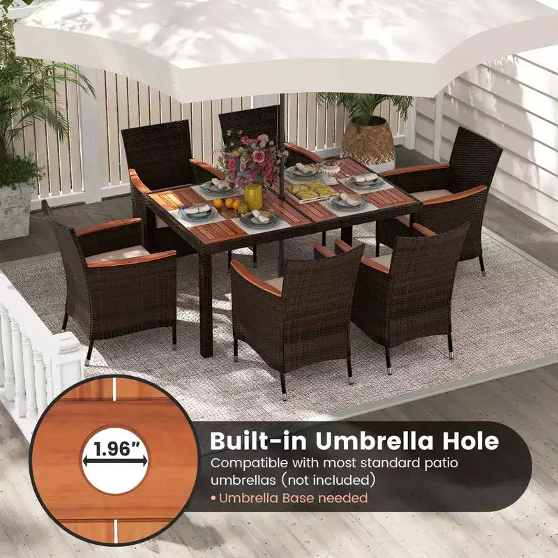 Costway Set da Pranzo da Esterno 7 Pezzi in Vimini con Tavolo in Legno di Acacia e 6 Sedie Impilabili