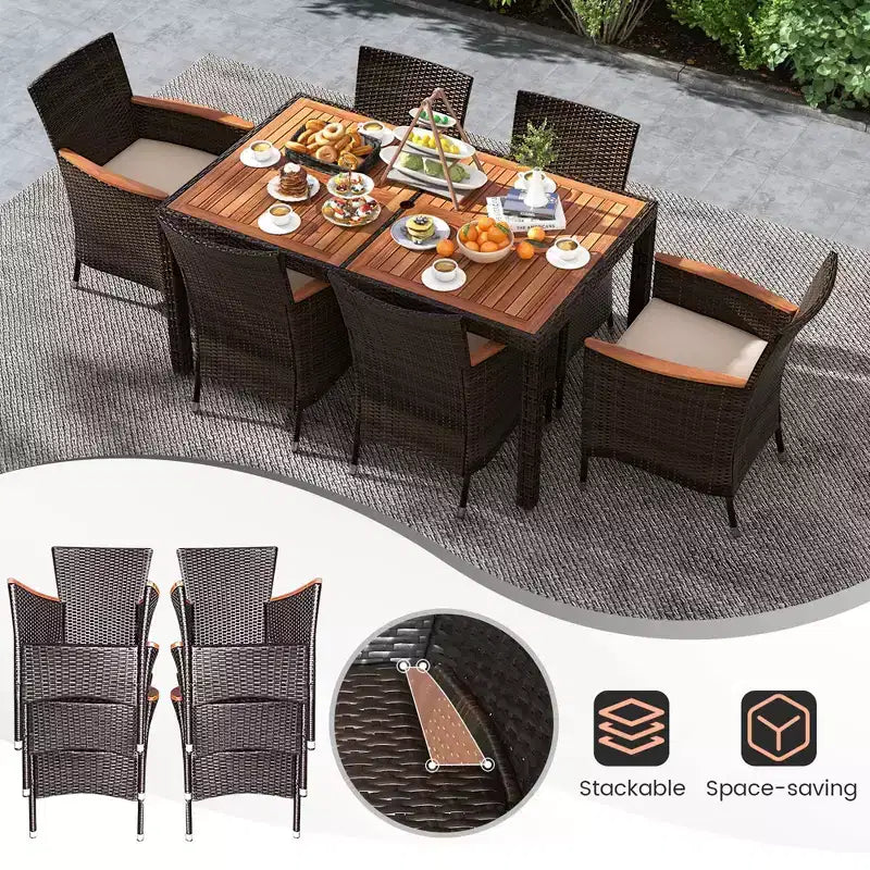 Costway Set da Pranzo da Esterno 7 Pezzi in Vimini con Tavolo in Legno di Acacia e 6 Sedie Impilabili