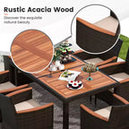 Costway Set da Pranzo da Esterno 7 Pezzi in Vimini con Tavolo in Legno di Acacia e 6 Sedie Impilabili