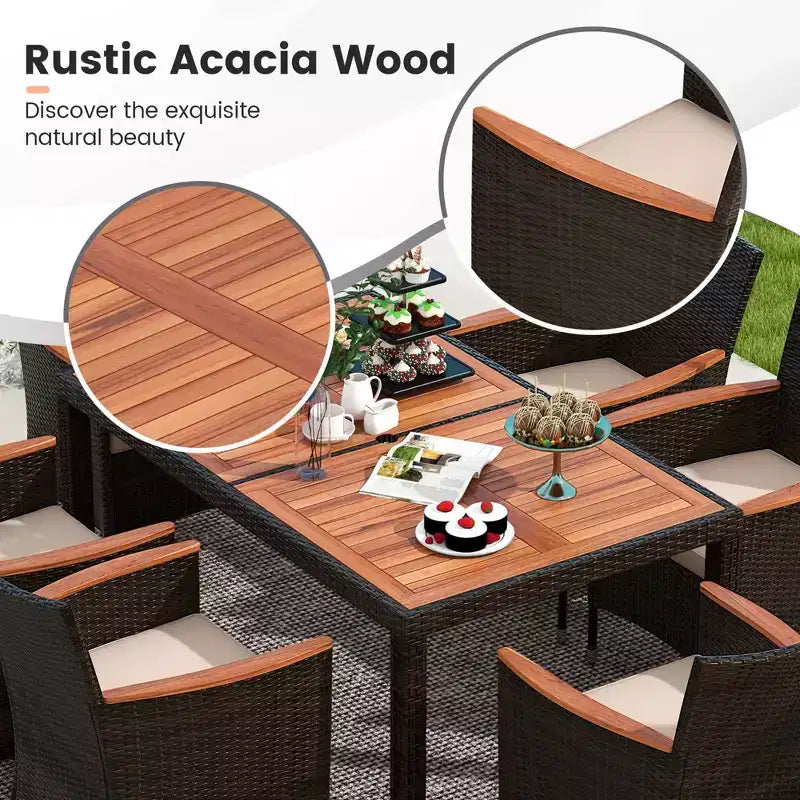 Costway Set da Pranzo da Esterno 7 Pezzi in Vimini con Tavolo in Legno di Acacia e 6 Sedie Impilabili