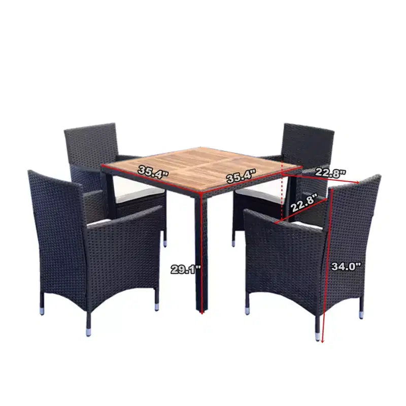 5-Piece Patio Wicker Dining Set, Outdoor Furniture with Acacia Wood Top Table, Black+Creme 4M - ModernLuxe