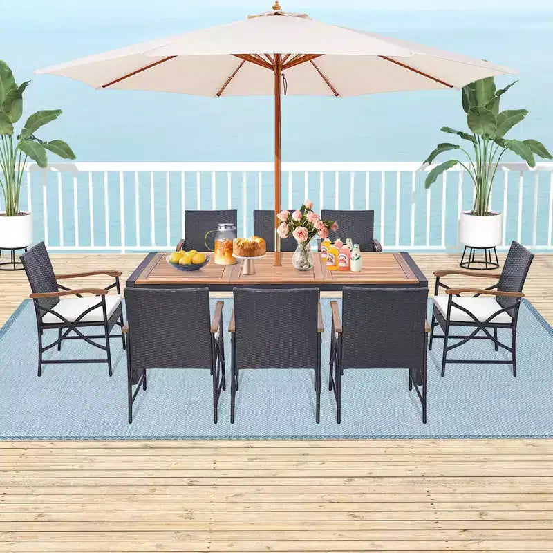 Costway 9 Pieces Patio Rattan Dining Set with Acacia Wood Table, 1.9 Umbrella Hole