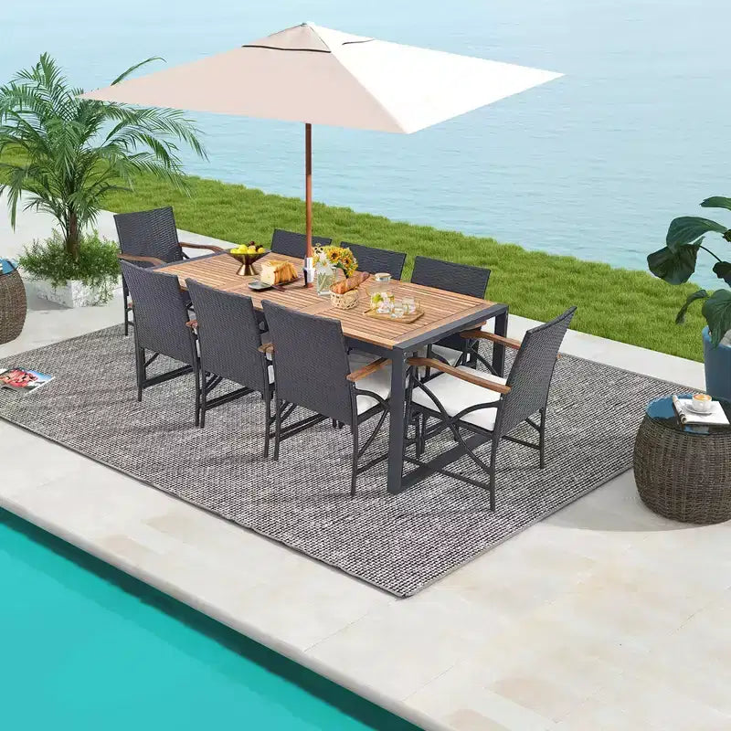 Set da Pranzo da Esterno in Rattan Costway da 9 Pezzi con Tavolo in Legno di Acacia, Foro per Ombrellone da 1,9"
