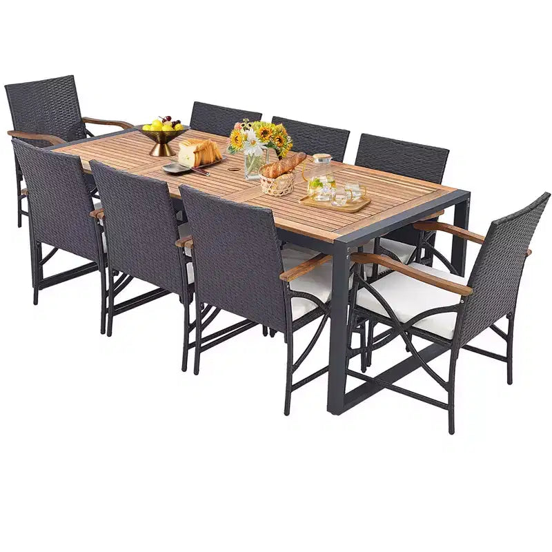 Set da Pranzo da Esterno in Rattan Costway da 9 Pezzi con Tavolo in Legno di Acacia, Foro per Ombrellone da 1,9"