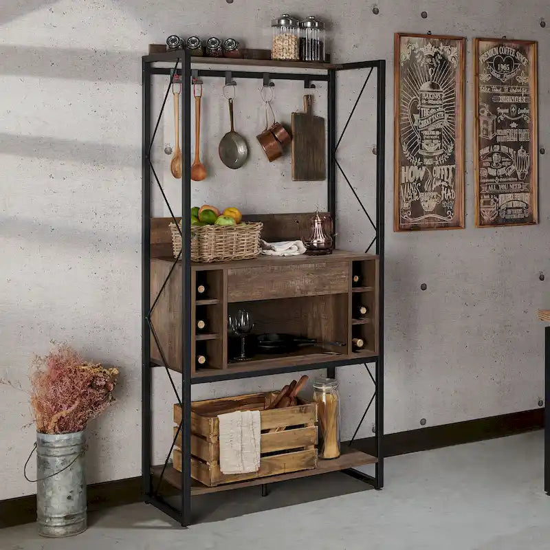 Étagère de boulanger DH BASIC industrielle en chêne recyclé de 170 cm avec 6 emplacements pour bouteilles de vin par Denhour