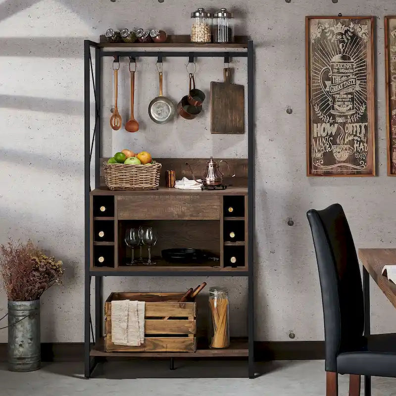 Étagère de boulanger DH BASIC industrielle en chêne recyclé de 170 cm avec 6 emplacements pour bouteilles de vin par Denhour