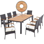 Set da Pranzo Costway 9 Pezzi in Rattan da Esterno con Tavolo in Legno di Acacia, Cuscini, Foro per Ombrellone da 1,9