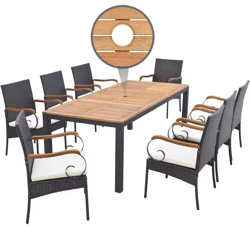 Set da Pranzo Costway 9 Pezzi in Rattan da Esterno con Tavolo in Legno di Acacia, Cuscini, Foro per Ombrellone da 1,9